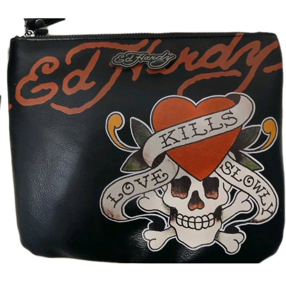 NEW! Ed Hardy Wristlet Zip Clutch Black Moto Purse Skull Roses Punk Skater‎ Love